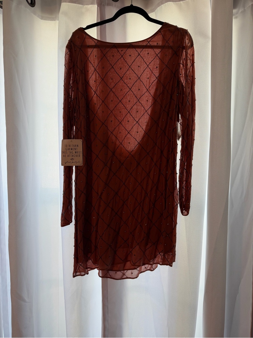 Free People Party Dress Rust/Mauve Sheer Long-Sleeve Embellished Mini Dress